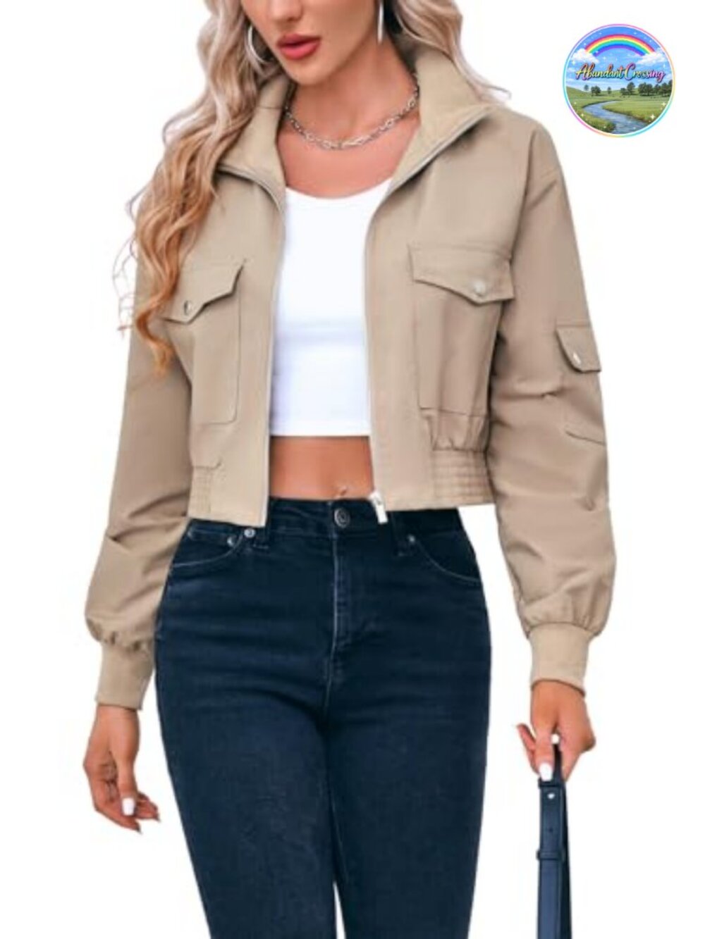 Women's Cropped Bomber Jacket Zip Up Lightweight Casual